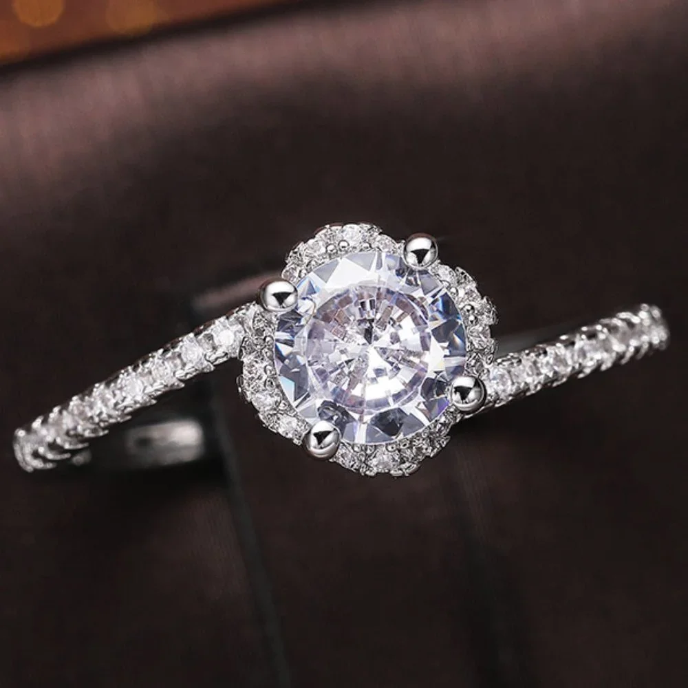😍Beautiful CZ Diamond Twisted Macro Pave Silver Pure Flower Wedding Ring, K844